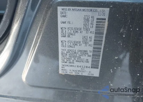 2020 Nissan Pathfinder S 4Wd z USA, uszkodzony, nr VIN 5N1DR2AM4LC645284